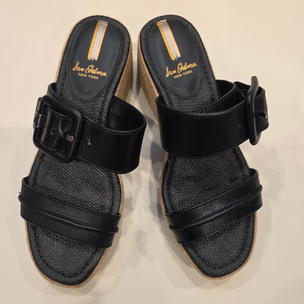 NWOT‎ Sam Edelman Carson black leather espadrille wedge sandals sz 6.5